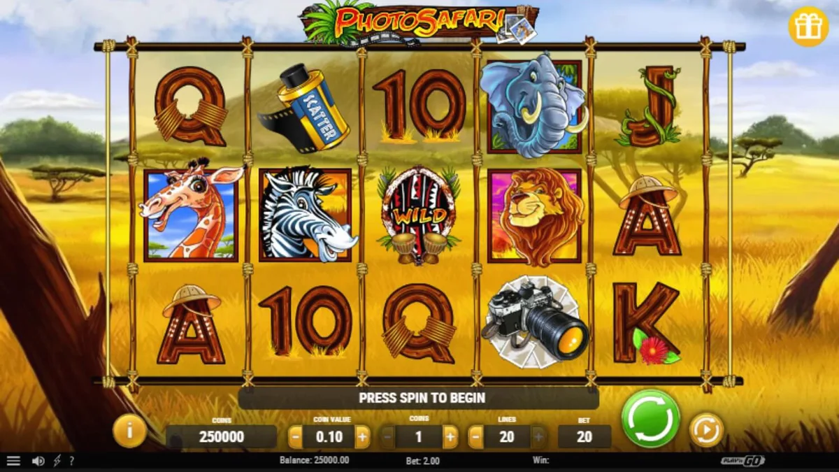 Cena de jogo do slot Photo Safari com animais da savana e equipamentos fotográficos
