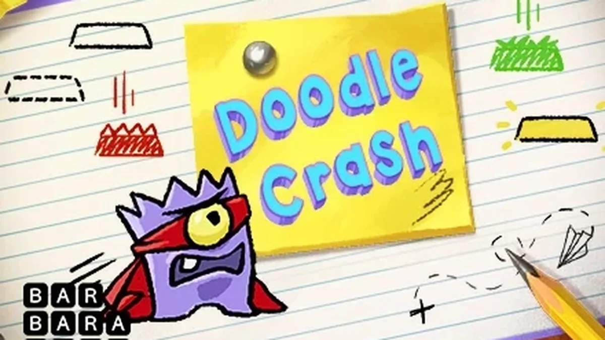 Interface dinâmica do jogo Doodle Crash com estilo de desenho animado